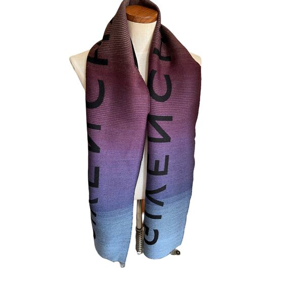 Givenchy Logo Wool Double Face Fringe Scarf Black Ombre - Picture 6 of 8